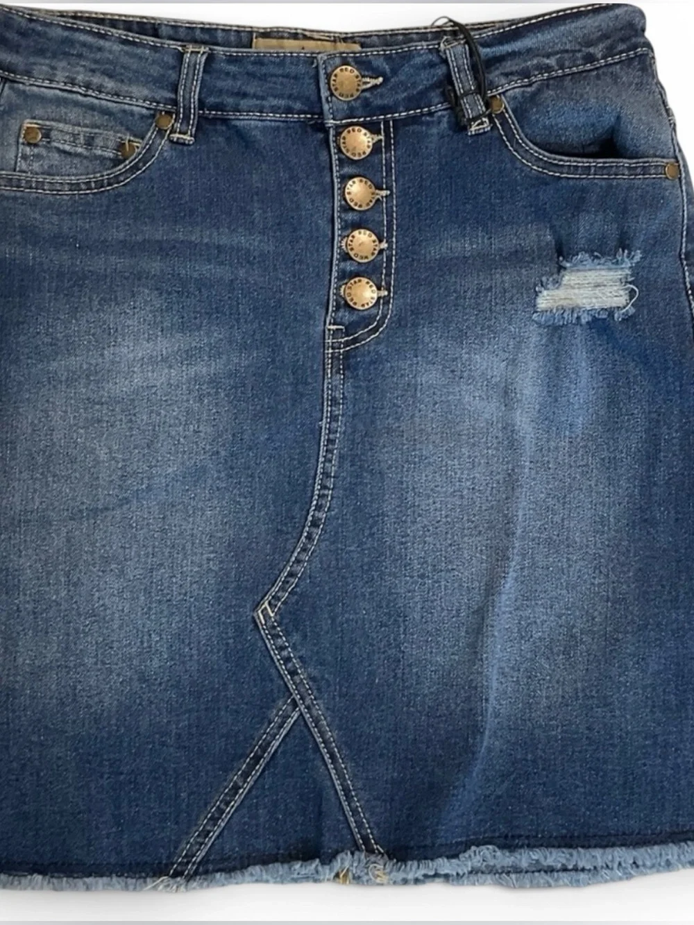 Red Star Button-Front Medium Blue Distressed Denim Mini Skirt Size 2